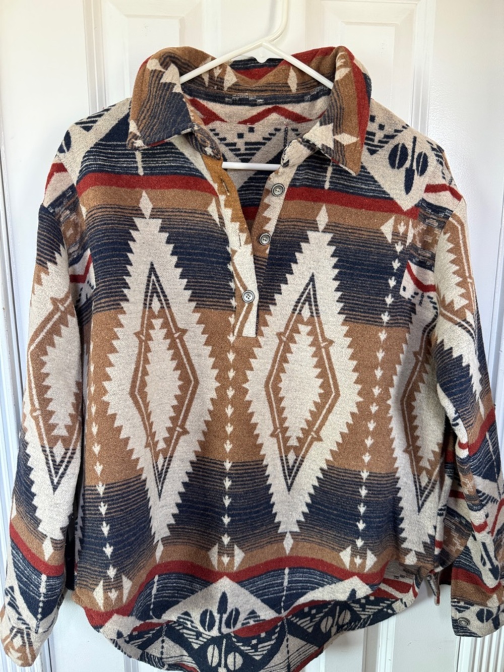 Southwestern Pattern Pullover Shirt in Brown, Navy & Cream